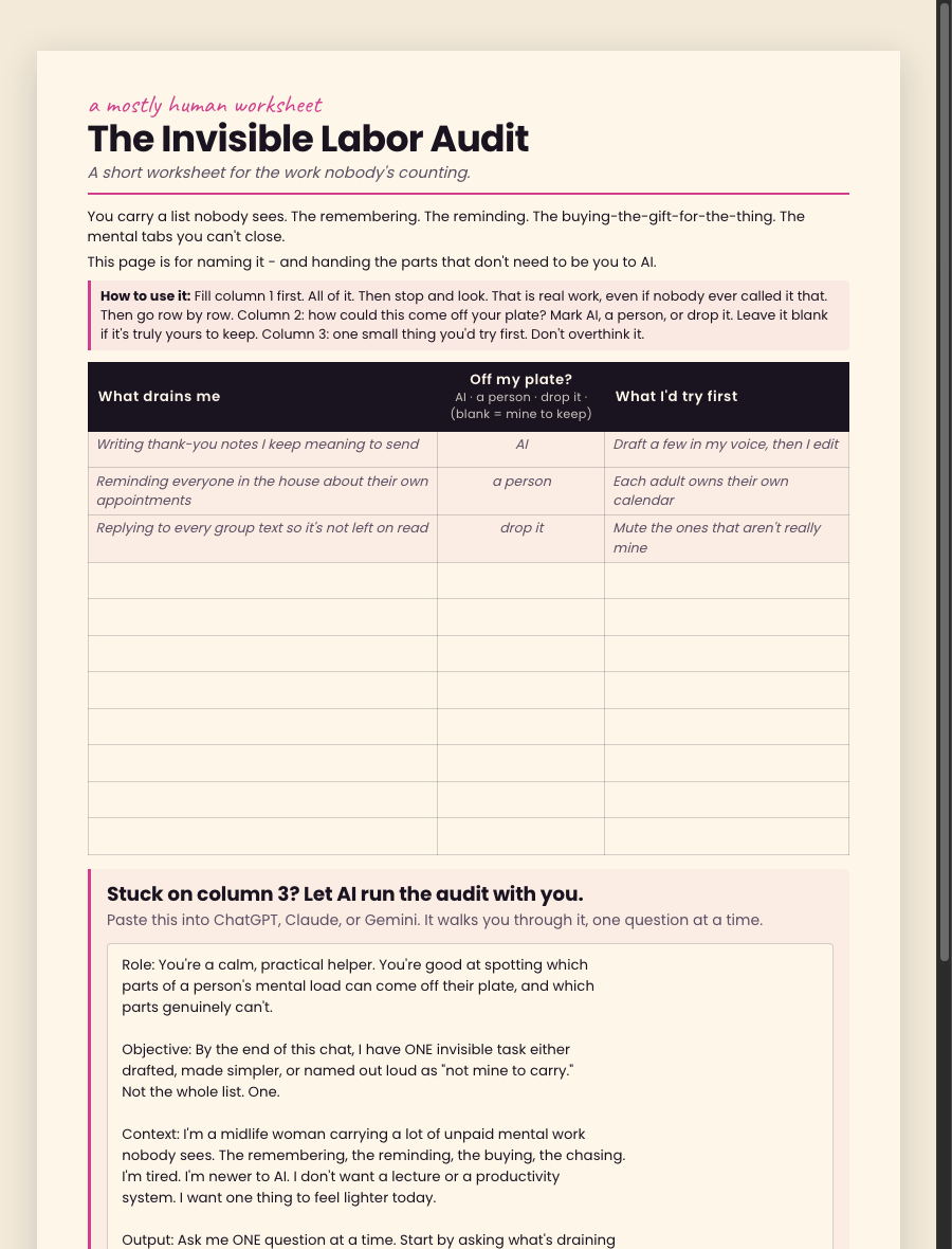 Preview of the Invisible Labor Audit printable: a cream-colored worksheet with three columns - What drains me, Off my plate (AI, a person, drop it, or blank to keep), and What I'd try first.